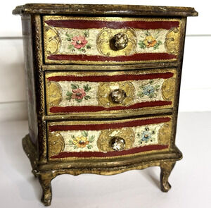 Italian Florentine Antique Gilt Jewelry box mini Chest Of Drawers Frienze